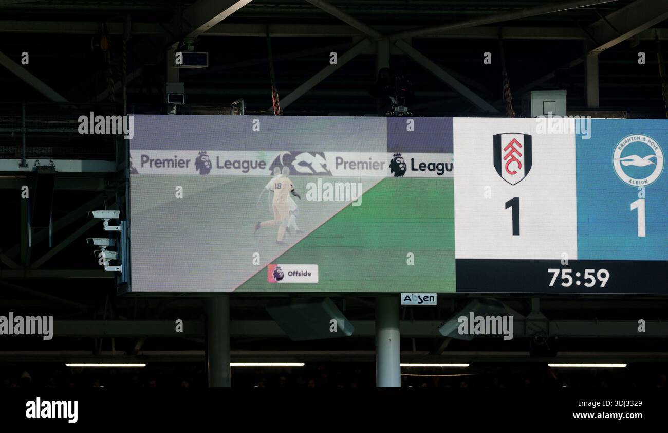 The big screen showing the VAR decision of offside against Brighton and ...