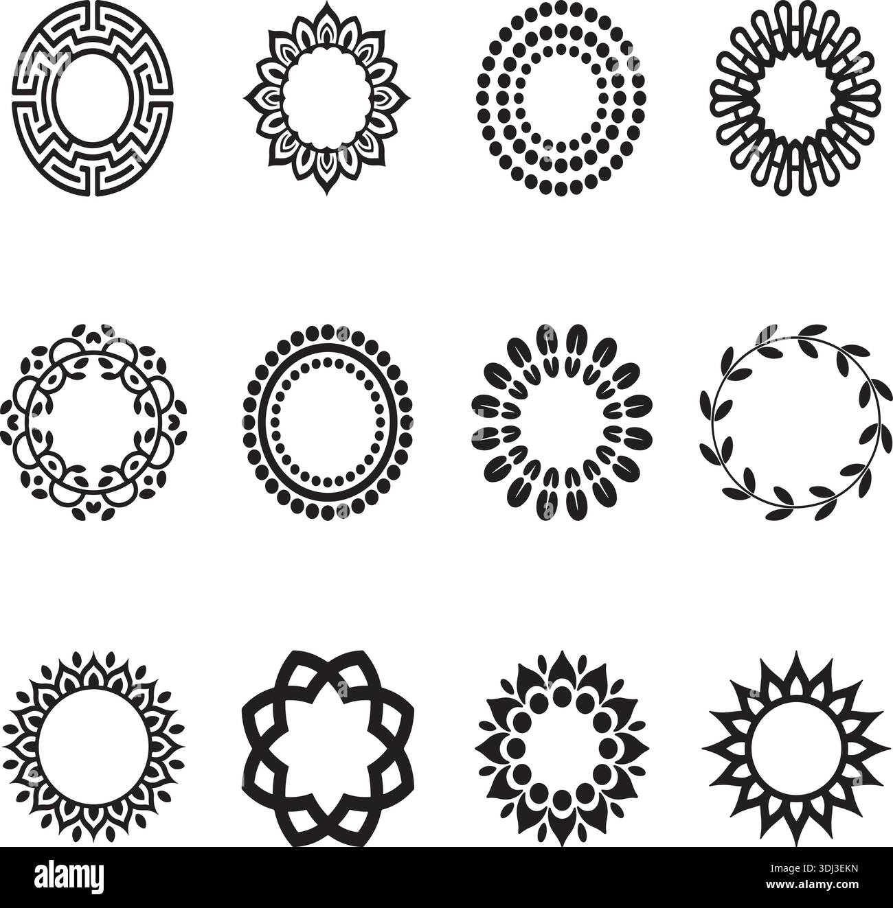 Mandala Silhouette Vector Flower Set Black Circular Decorative Ornament Elements Stock Vector