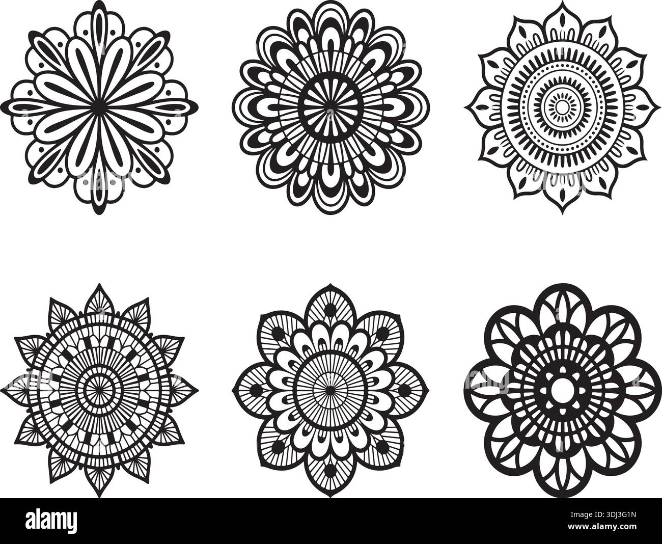Mandala Silhouette Vector Flower Set Black Circular Decorative Ornament Elements Stock Vector