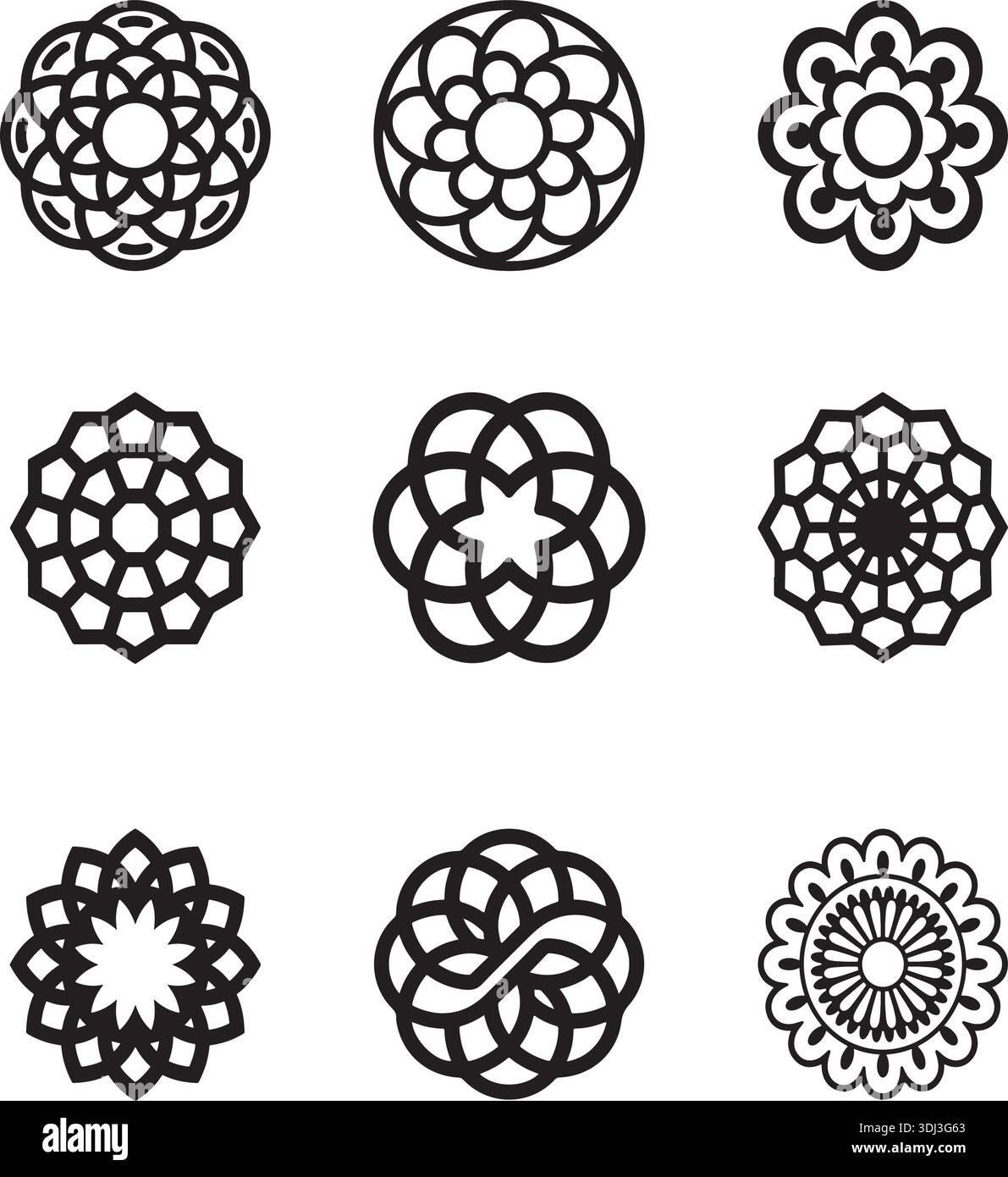 Mandala Silhouette Vector Flora Set Black Decorative Geometric Ornaments Patterns Stock Vector