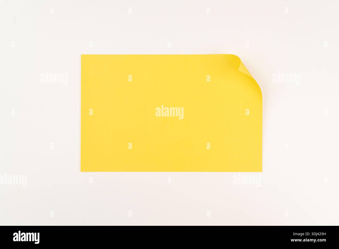 a blank yellow sheet of paper with a curled corner on a white surface Stock Photo