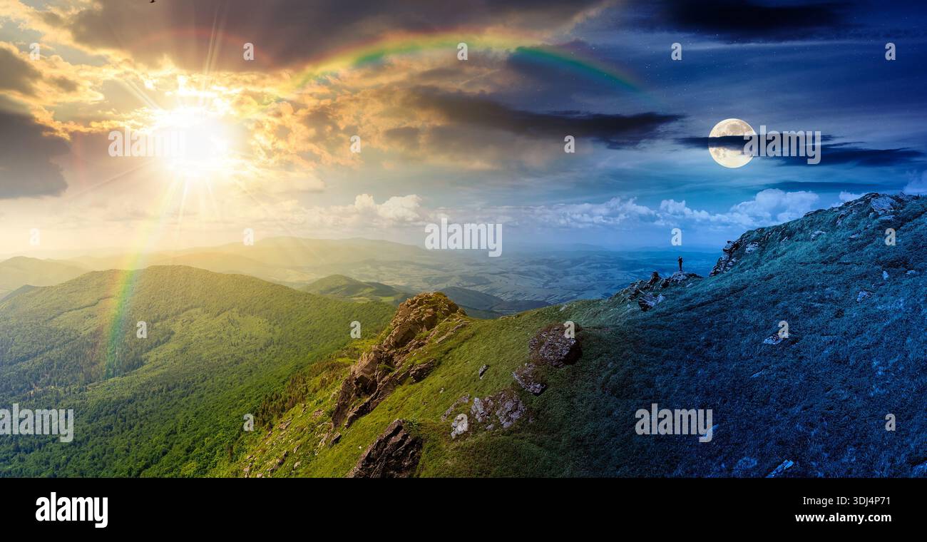 summer solstice mountain landscape. day and night time change concept. rocks on edge of hill with sun and moon at twilight. view in to valley. grassy Stock Photo