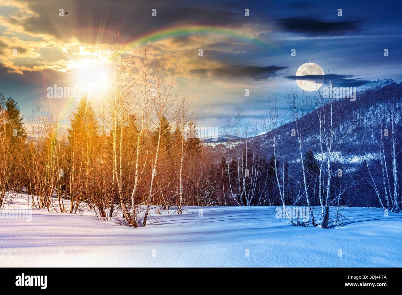 winter solstice landscape. day and night time change concept. deciduous forest on snow covered hill with sun and moon at twilight. beautiful scenery u Stock Photo