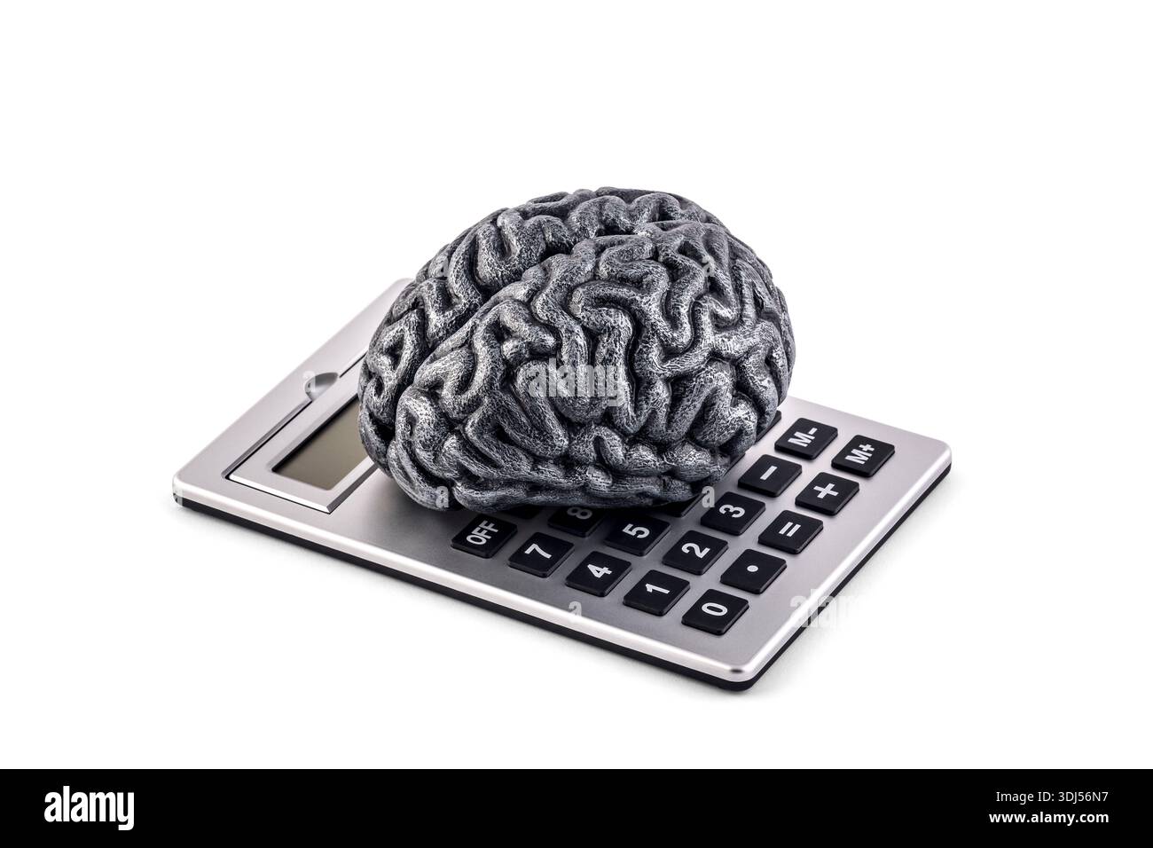 Human brain on calculator isolated on white background Stock Photo