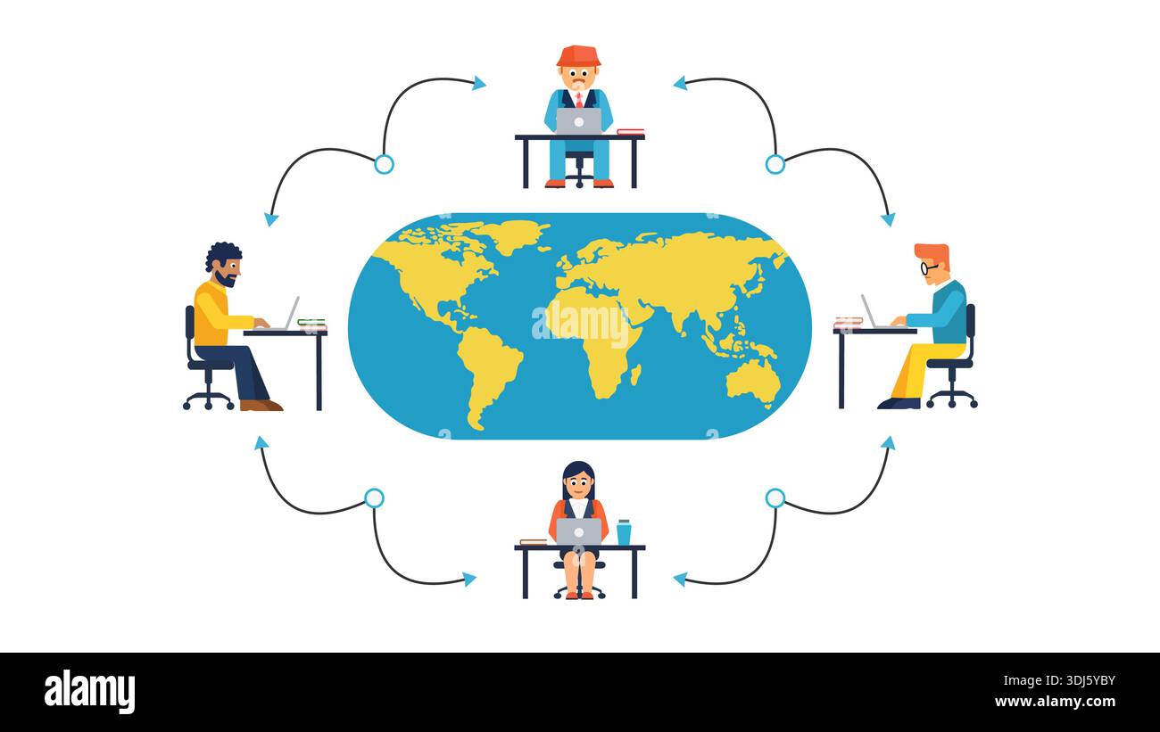 A flat-style conceptual vector illustration representing a globalized workforce and remote collaboration. Stock Vector