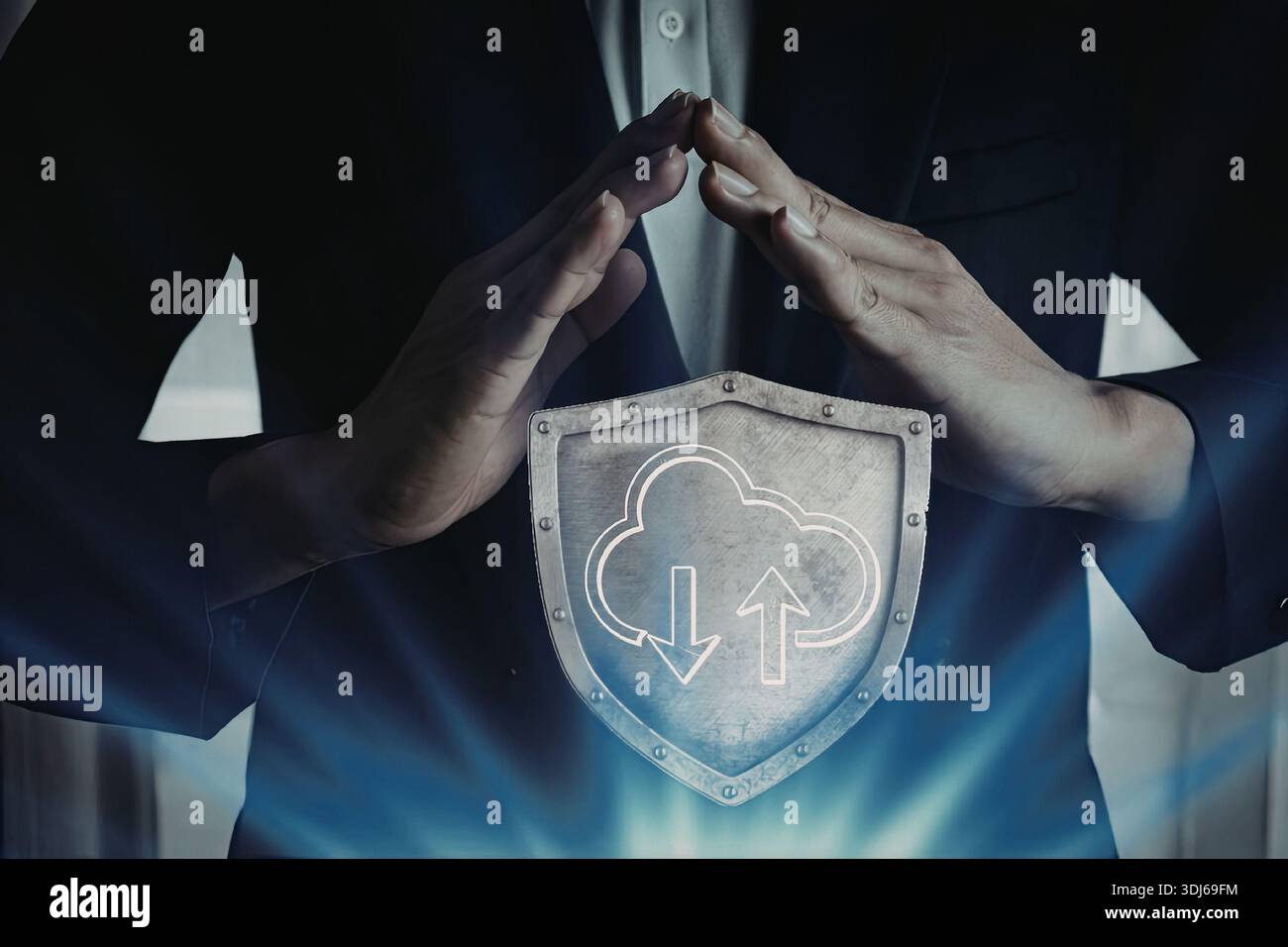 An image of two hands forming a shield with a cloud icon and arrows ...