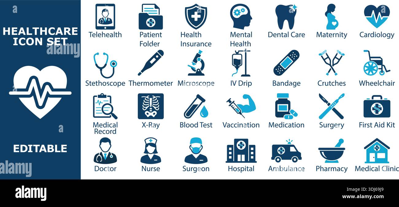 Editable healthcare icon set featuring medical symbols and equipment ...