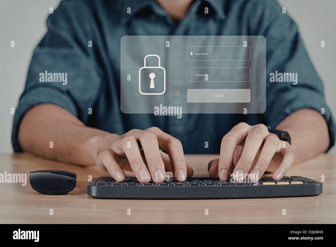 A person is typing on a computer keyboard with a security interface ...