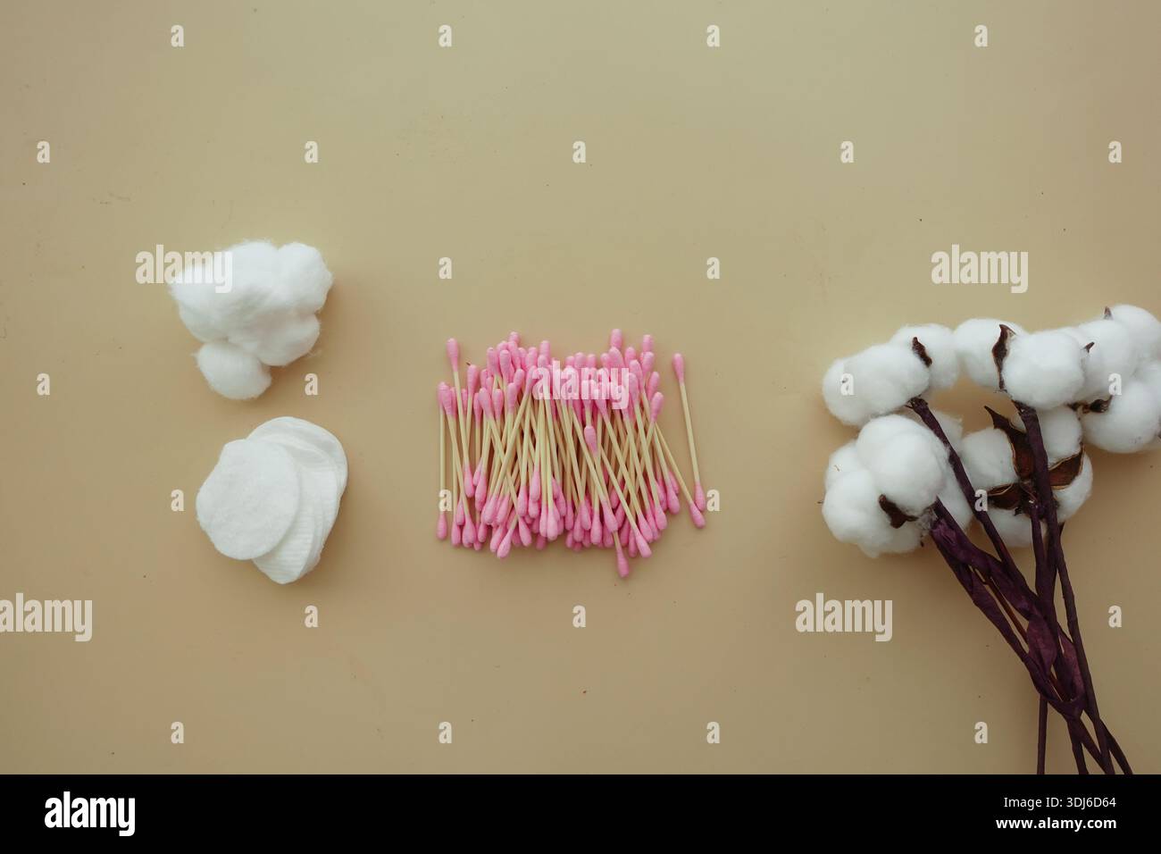 Cotton balls and swabs arranged on a flat surface Stock Photo