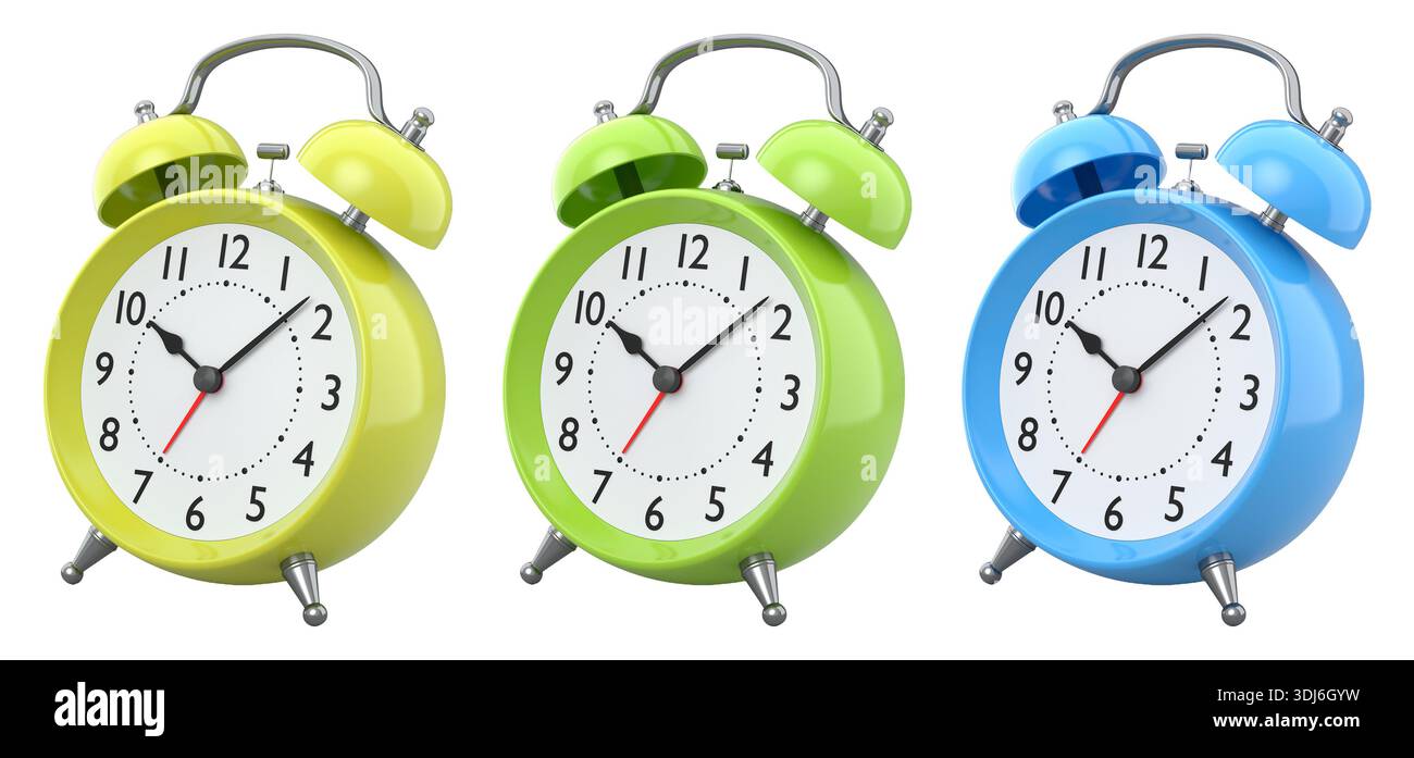Classic twin bell alarm clocks with chrome details shown side by side ...