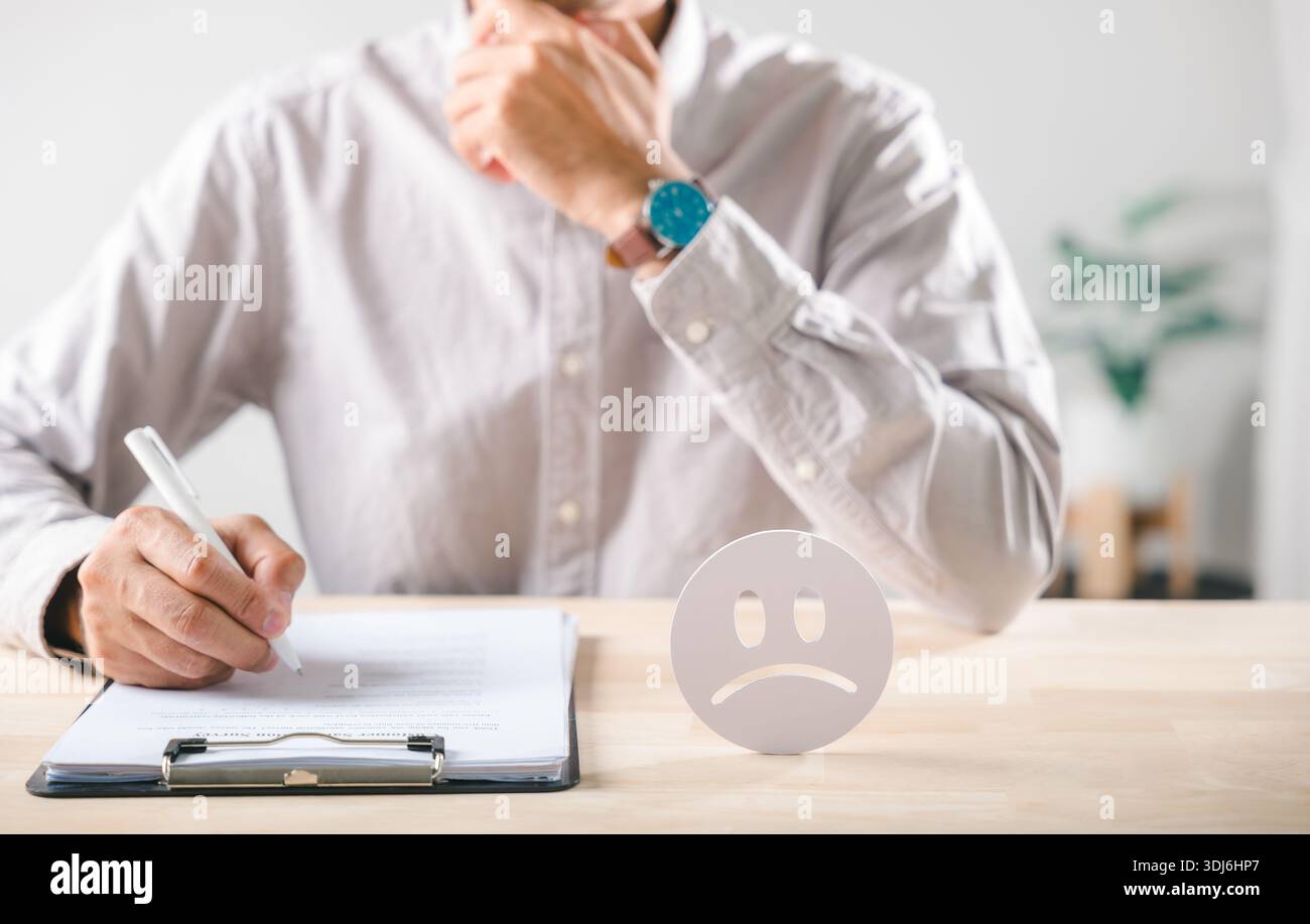 Review customer satisfaction survey, man completing feedback form ...