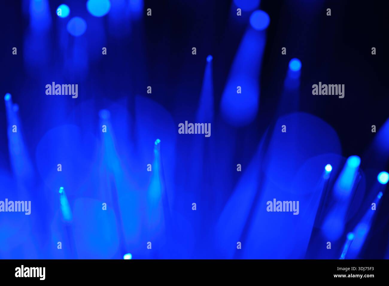 Blue fiber optic glowing strands, abstract technological background. Data transfer, connectivity, future tech, network Stock Photo