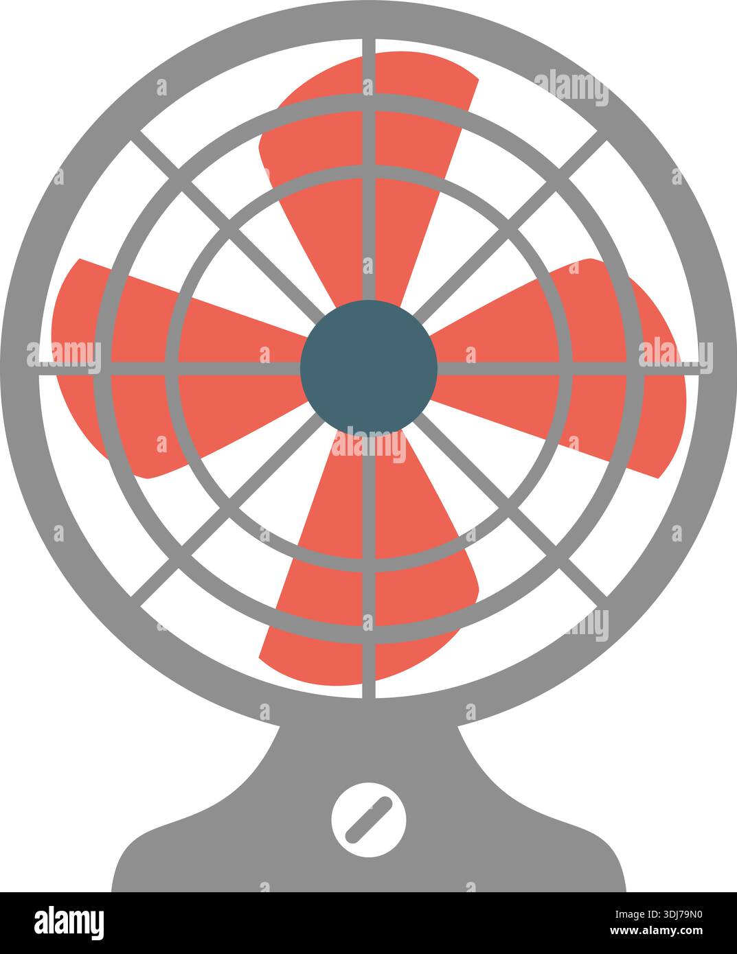 Flat illustration of electric table fan with red blades and protective grill, household cooling appliance isolated on light background. Stock Vector