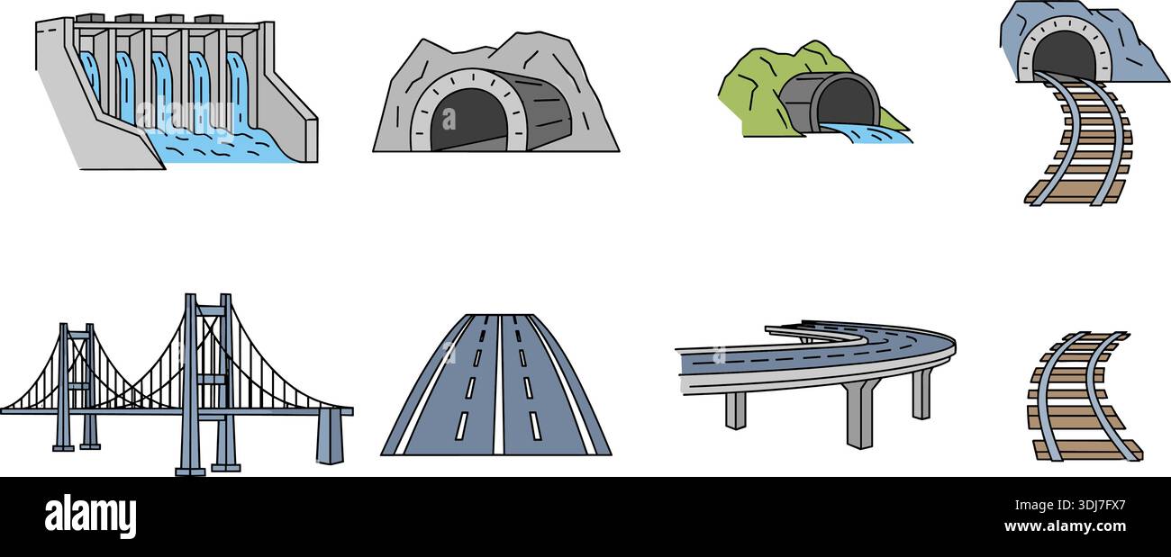 Civil Engineering Infrastructure Icons Set, Bridge Road and Tunnel Flat Vector Illustration Stock Vector