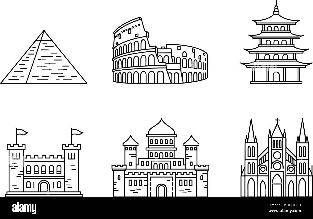 World Landmark Buildings Icon Set, Famous Architecture Line Art Vector ...