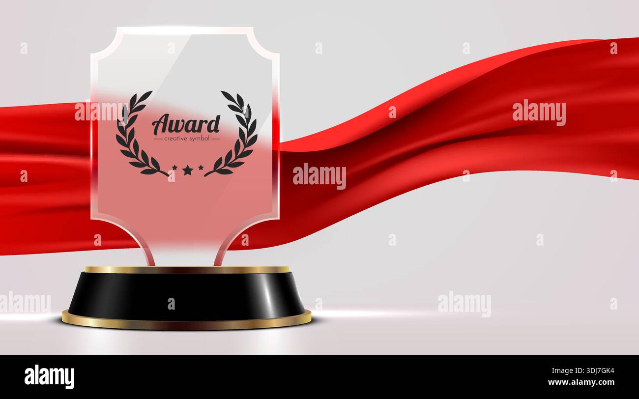 Red Ribbon Trophy Prestigious glass award trophy with red ribbon background, symbolizing ...