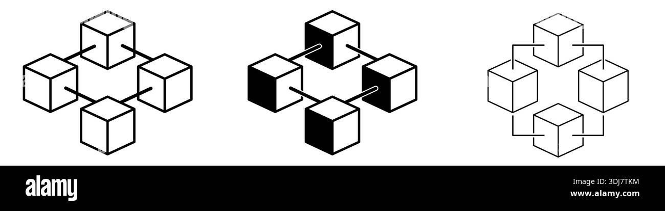 Blockchain network black icon set with connected cubes, vector isolated Stock Vector