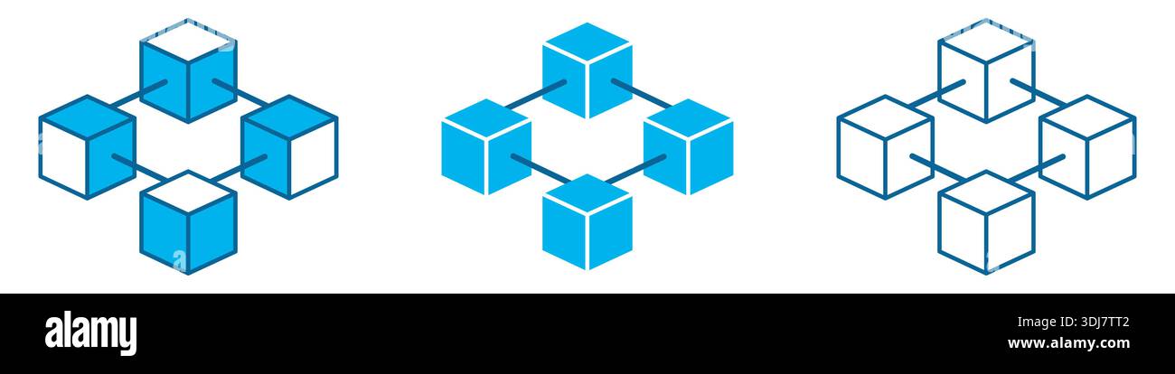 Blockchain network icon set with connected cubes, vector isolated Stock Vector