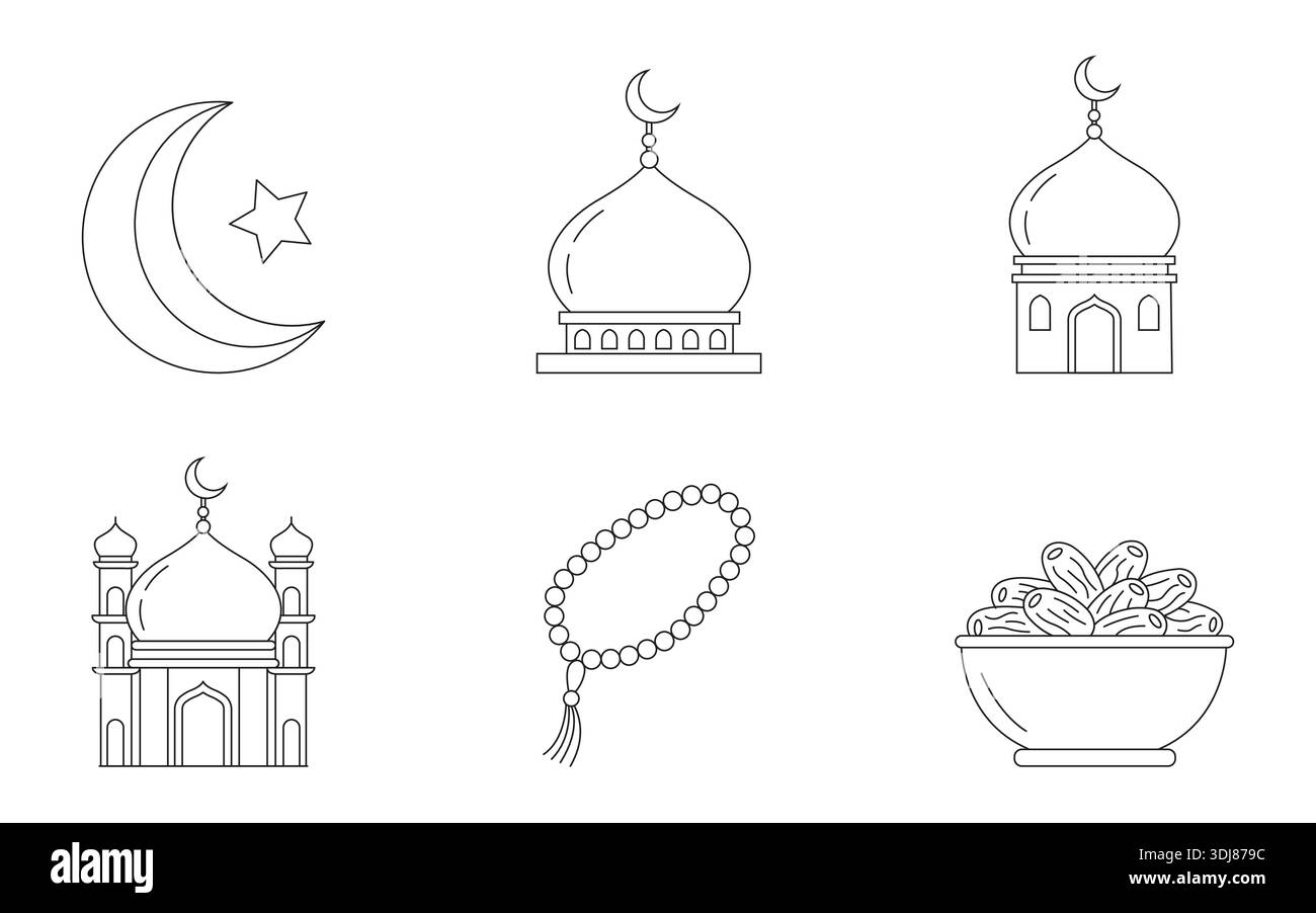 Islamic Ramadan Line Art Icons with Mosque Moon Prayer Beads and Dates ...