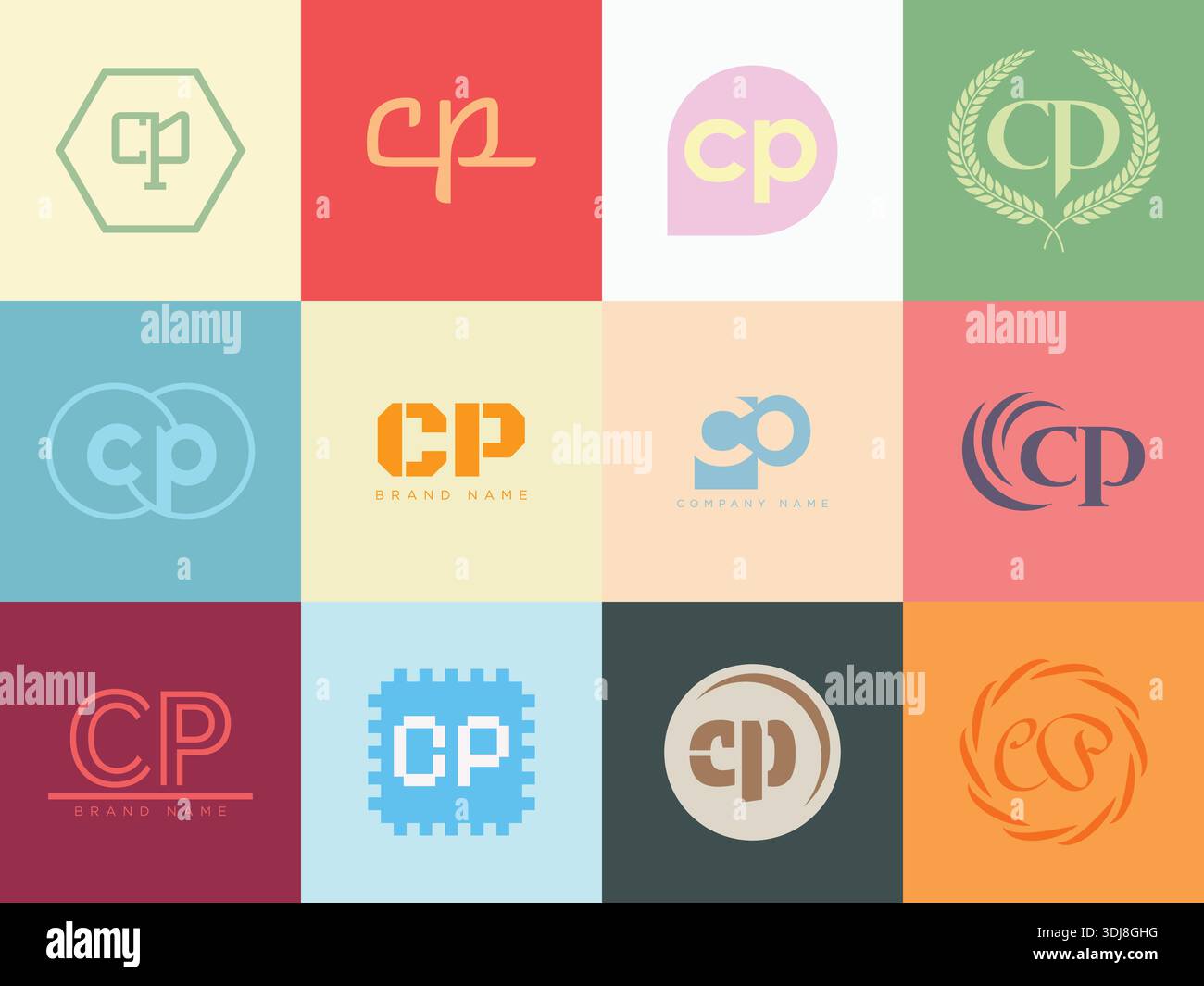 CP logo company template. Letter c and p logotype. Set different classic serif lettering and modern bold text with design elements. Initial font typog Stock Vector