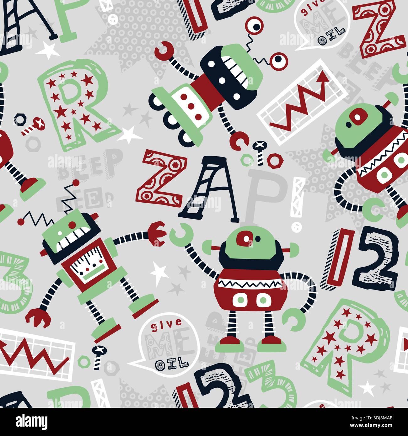 Fun robots and letters seamless pattern for boys nursery decor. Stock Vector