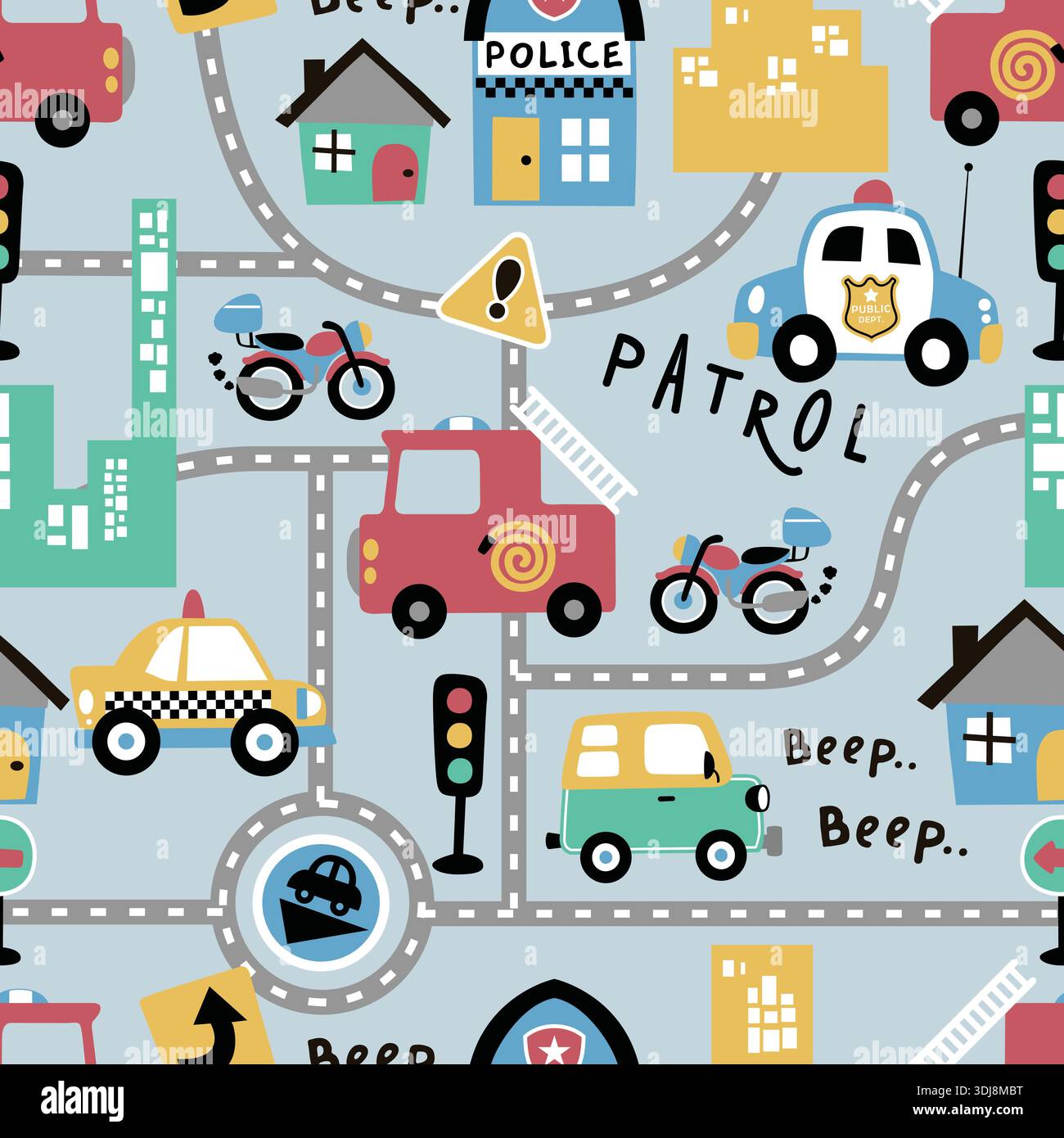 Colorful city traffic and emergency vehicles seamless pattern for nursery decor. Stock Vector