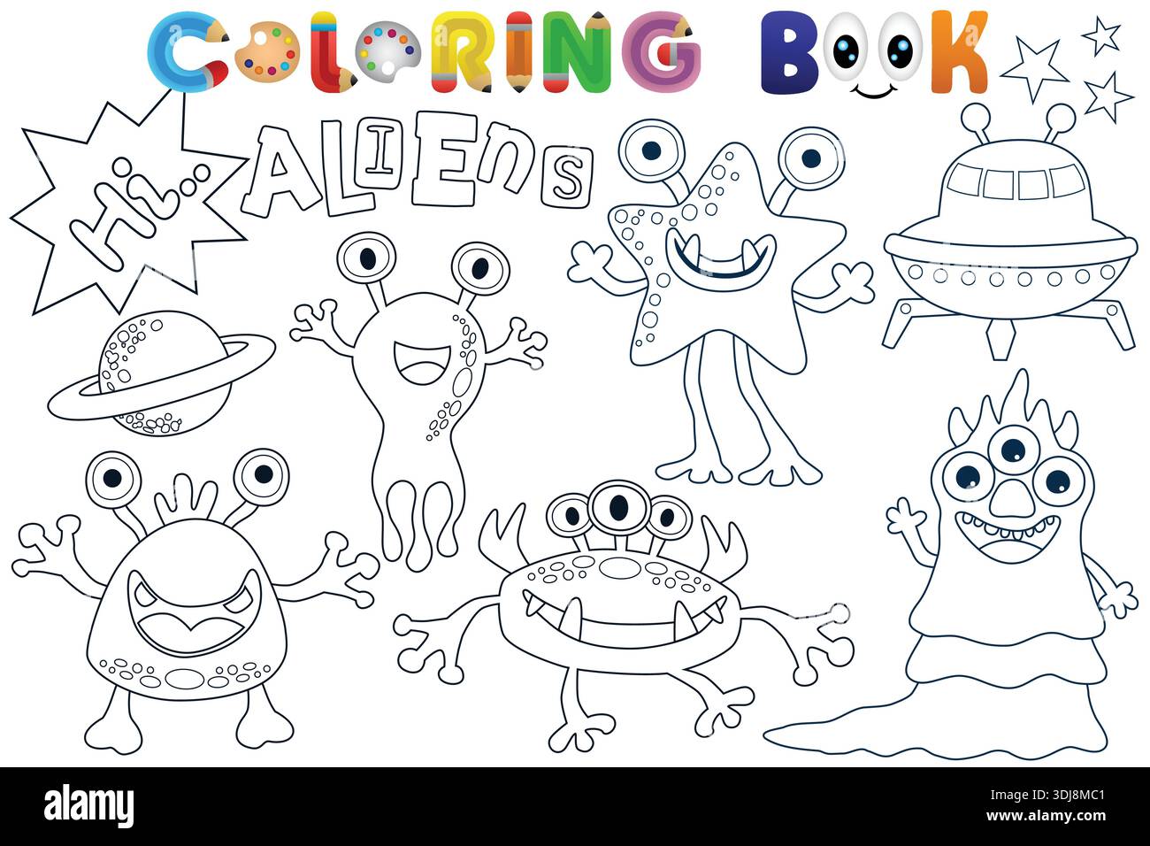 Fun alien monsters and a spaceship collection coloring book page for  children Stock Vector Image & Art - Alamy