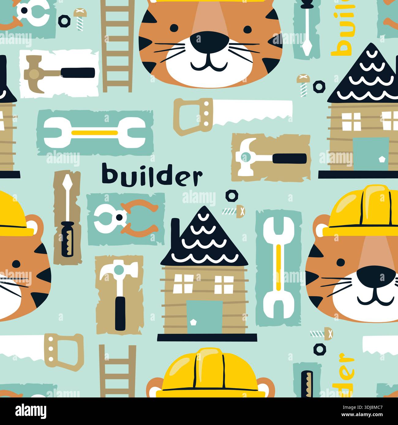 Colorful tiger builder and construction tools seamless pattern for kids. Stock Vector