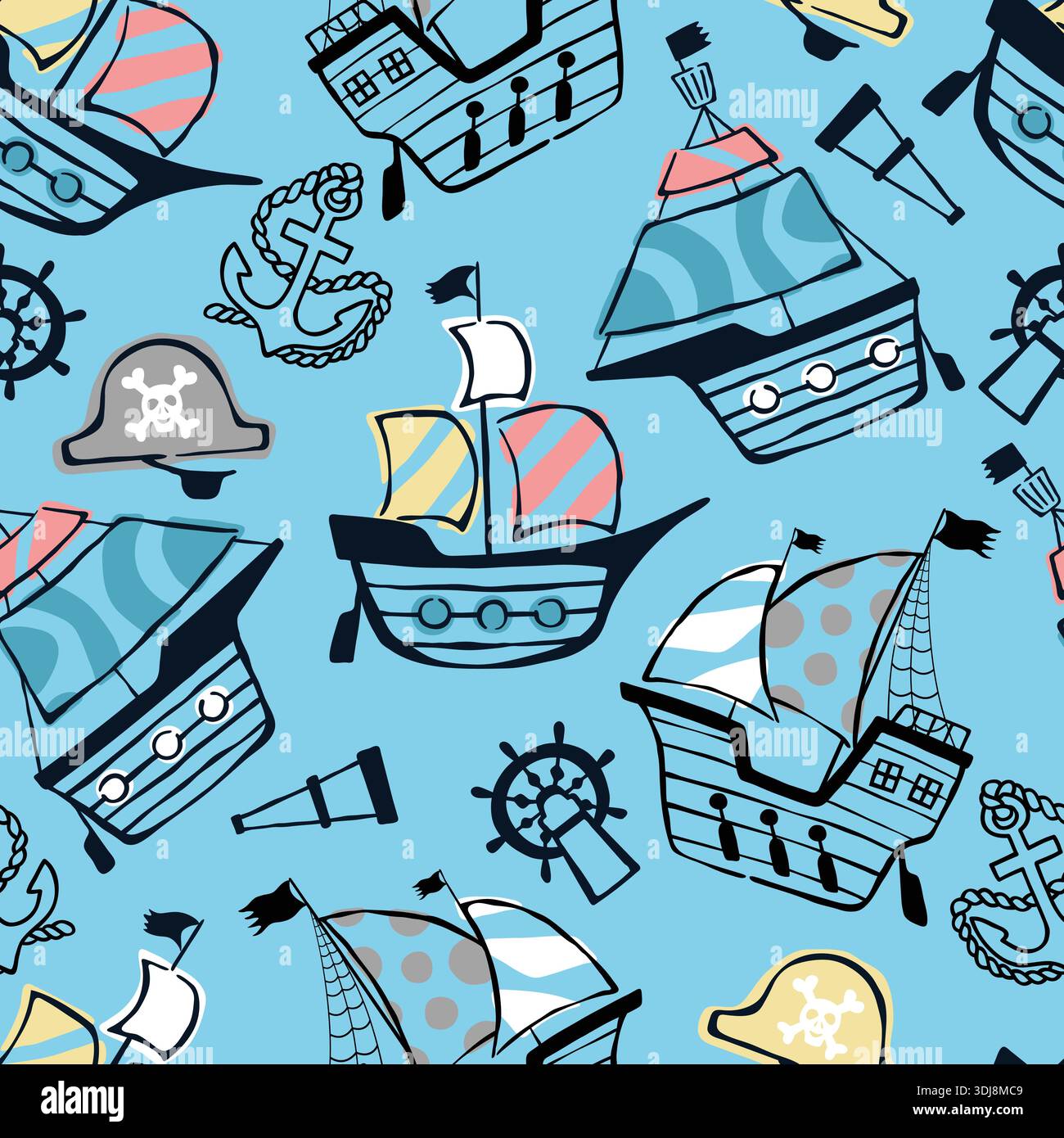 Pirate ships and nautical elements seamless pattern for children's decor. Stock Vector