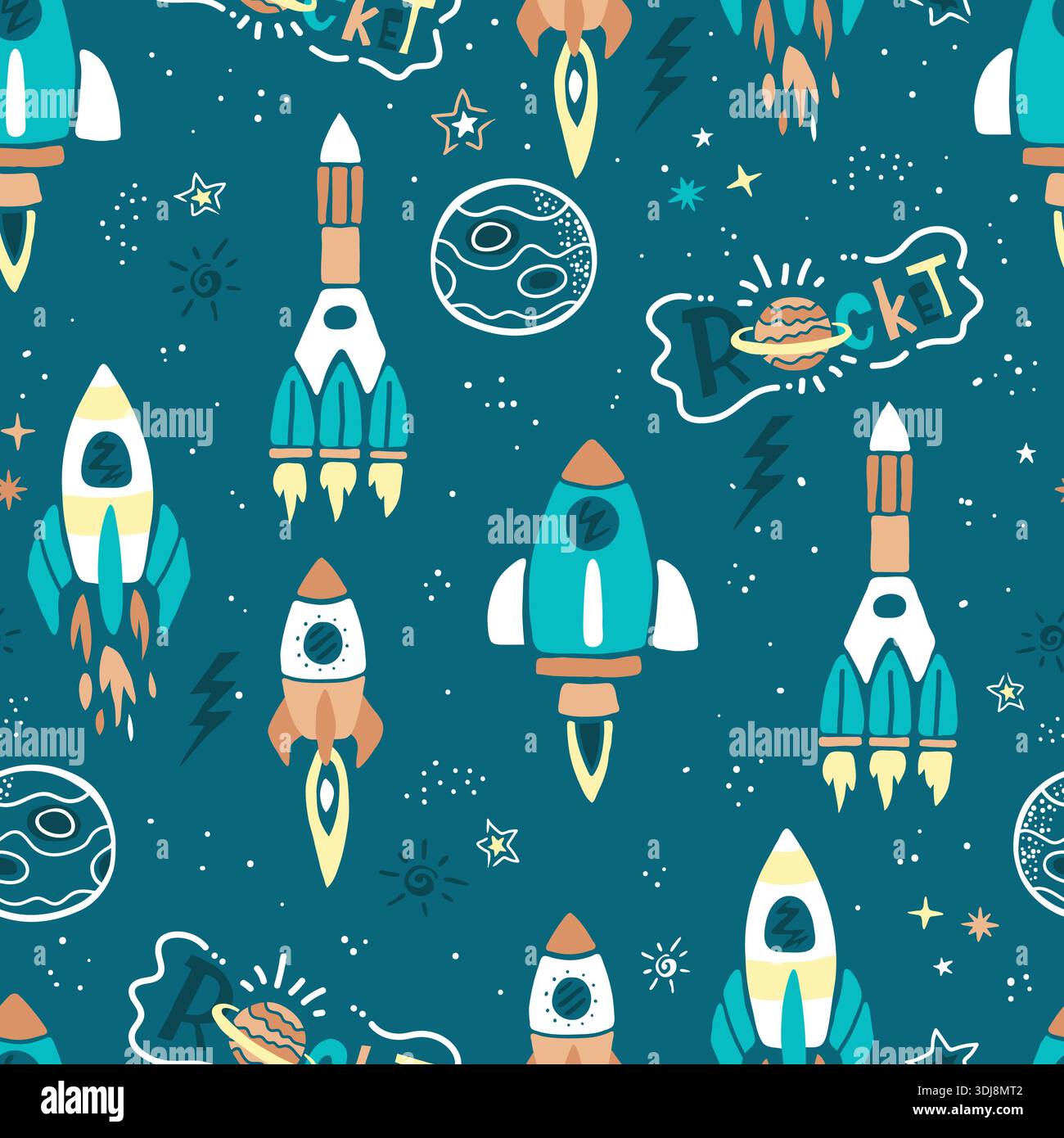Hand-drawn doodle space rocket and planet seamless pattern for kids. Stock Vector