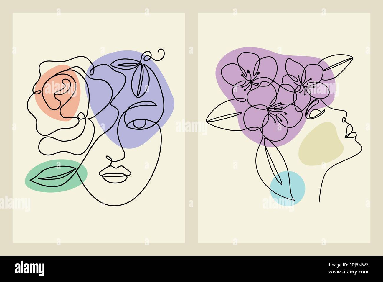 Minimalist continuous line art portraits of women faces with floral ...