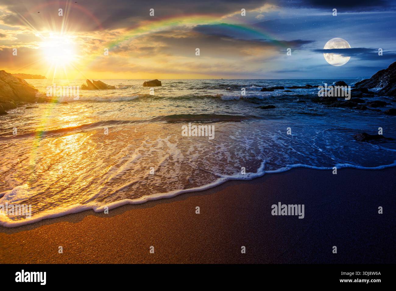 empty sandy beach at the sea. day and night time change concept. white foam rolling on to the shore near boulder with sun and moon at twilight. perfec Stock Photo