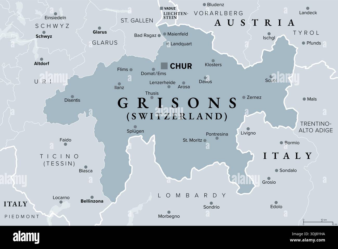 Canton Grisons Switzerland Gray Political Map With Capital Chur 