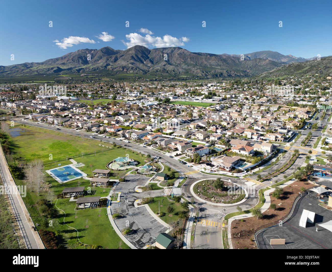 Aerial view of the Bridges neighborhood and town of Fillmore, California Stock Photo
