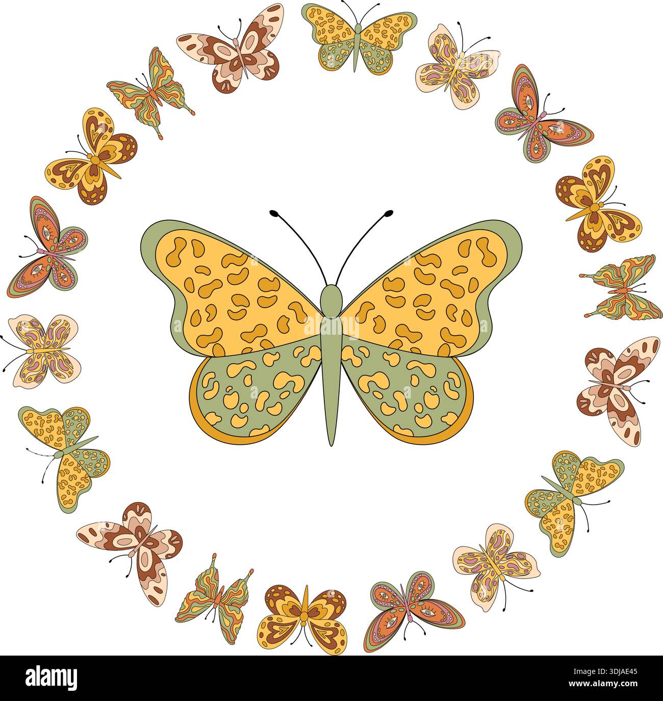 Groovy Retro Butterfly Seamless Circle Frame Pattern Stock Vector