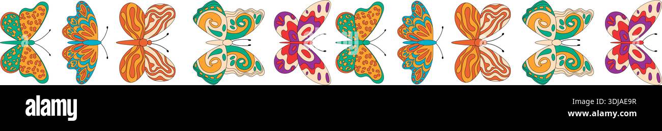 Groovy Retro Butterfly Seamless Border Pattern Stock Vector