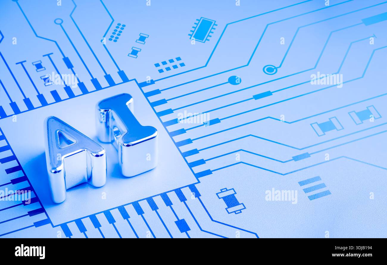 Futuristic AI concept with 3d silver metallic letters on abstract electronic circuit board background. Symbolizing artificial intelligence, machine le Stock Photo