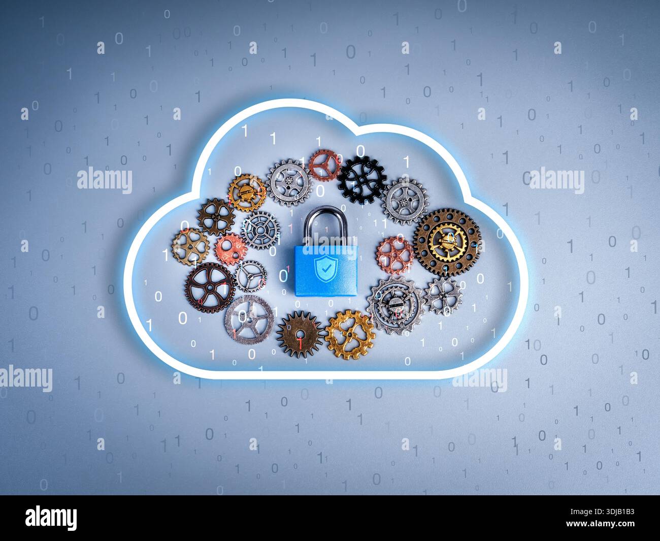 Cybersecurity concept with cloud icon, mechanical gears, and blue padlock, representing cloud data protection, secure cloud management, system integra Stock Photo