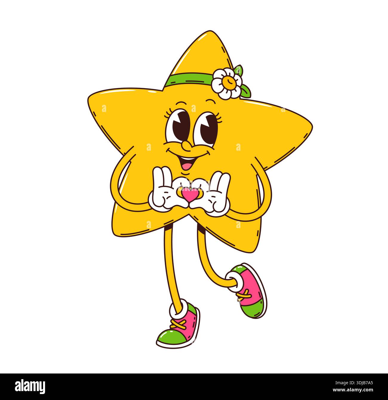 Groovy star character with a flower on its head, colorful sneakers