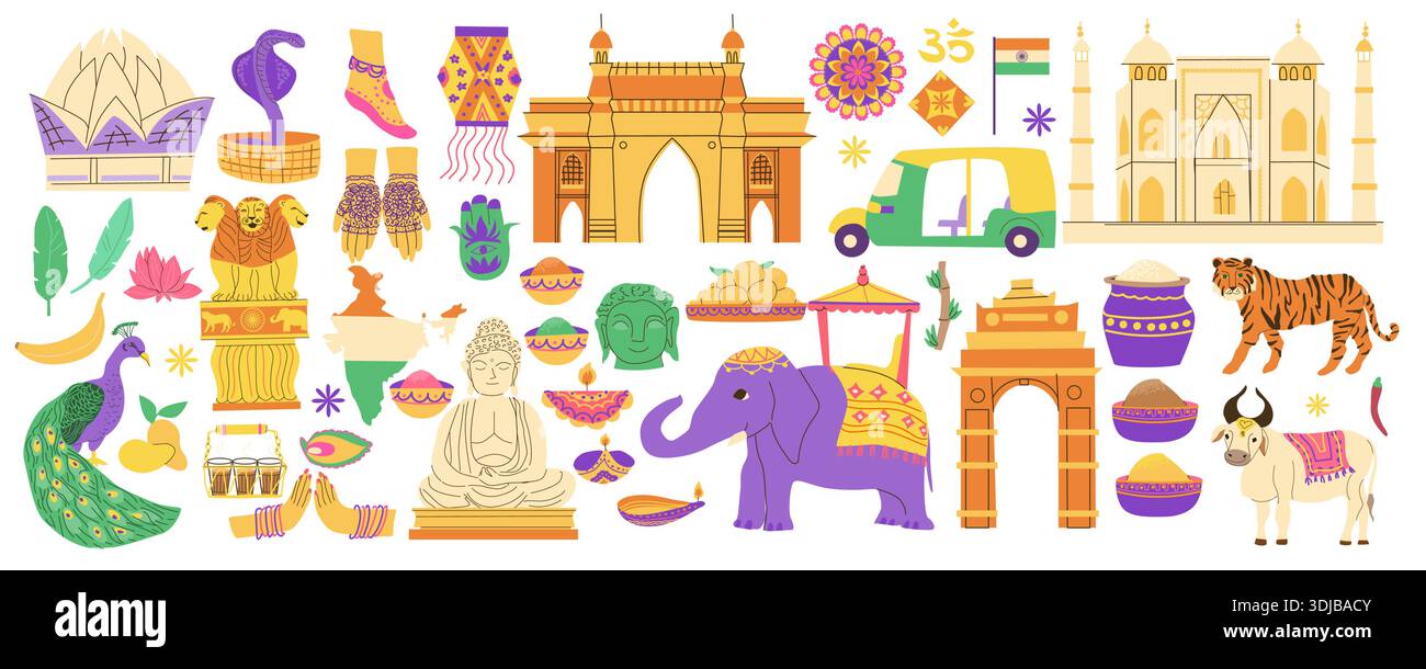 Big set of indian culture and travel elements. Landmarks and animals ...