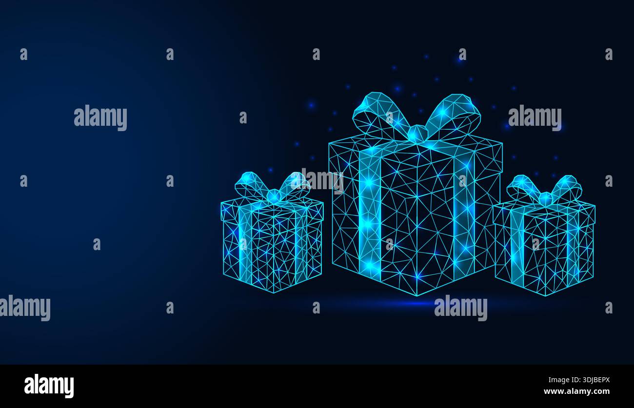 Low poly wireframe three gift boxes with bows on dark blue background. Stock Vector