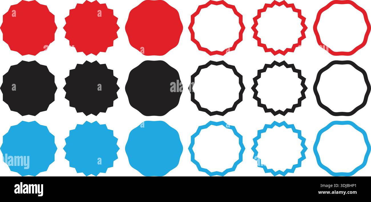 Scalloped circular frame shapes arranged in a set. Stock Vector