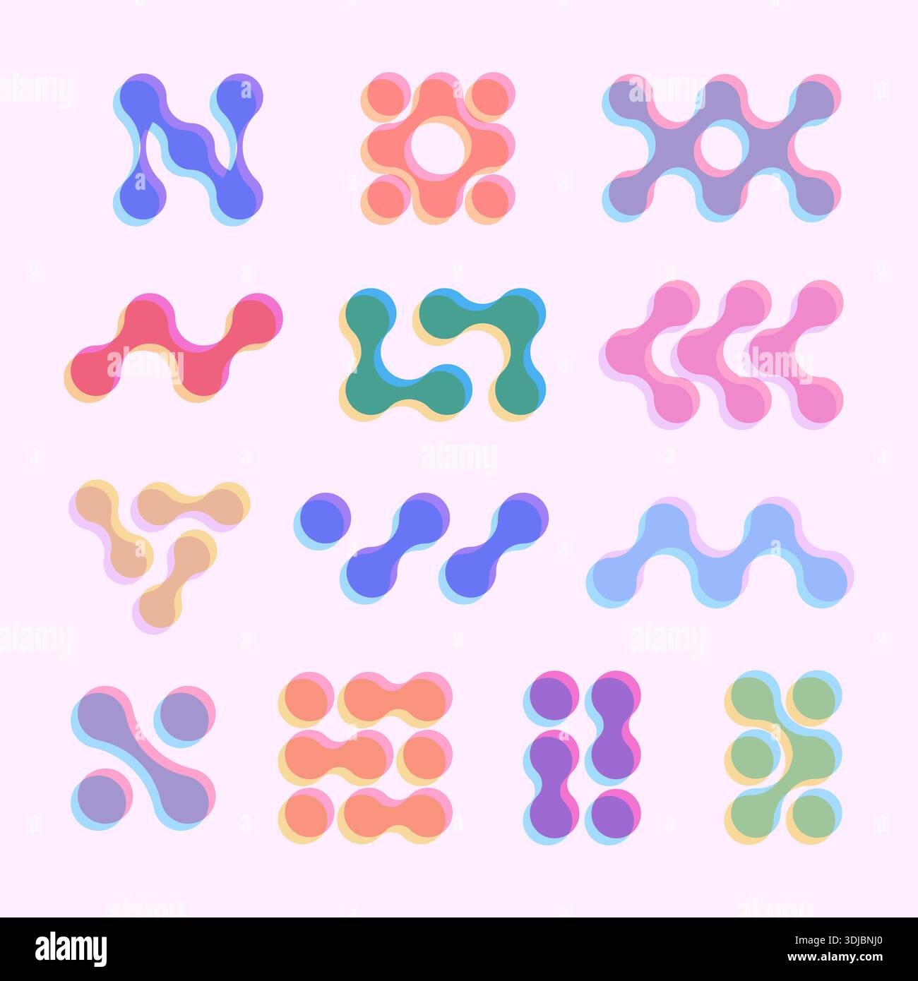 Connected dots sign set in riso print style. Risograph color metaball Stock Vector