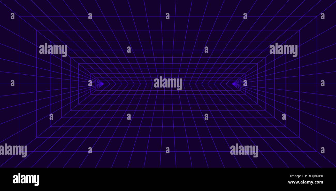 3d violet wireframe grid room. Perspective laser cyberspace Stock Vector