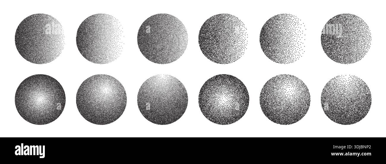 Grainy gradient sphere collection. Dotwork noise circle set Stock Vector