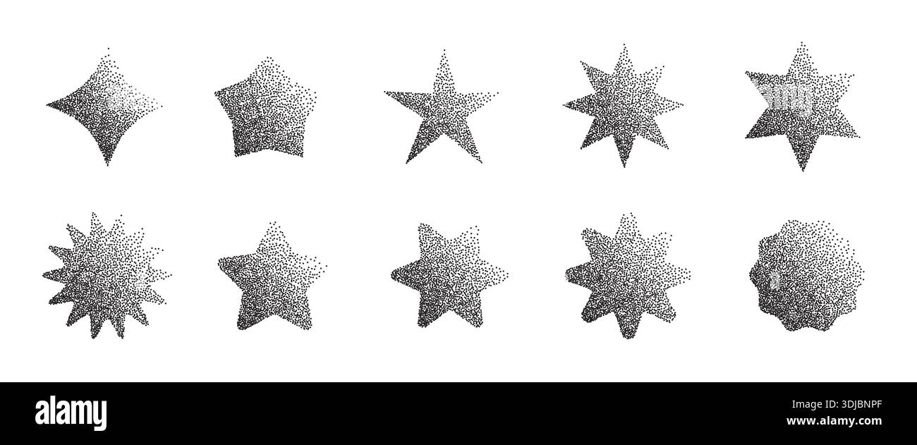Grainy gradient star set. Stipple dots halftone starburst shape Stock Vector