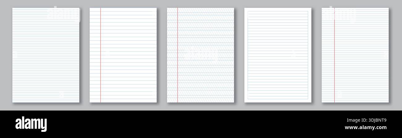 Notebook paper collection. A4 format realistic lined notepapers Stock Vector