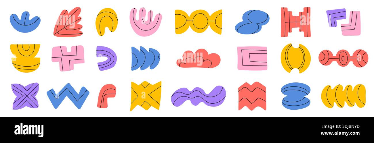 Abstract shapes set. Doodle colorful brutalist forms with black pattern Stock Vector