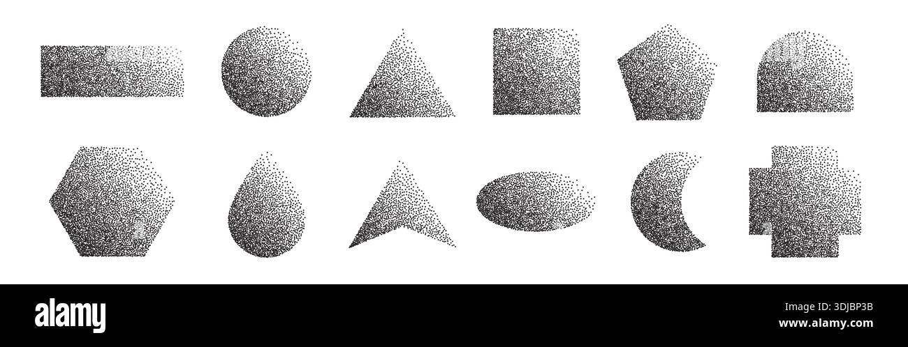 Dotted halftone geometric shapes set. Sand effect stipple dotwork Stock Vector
