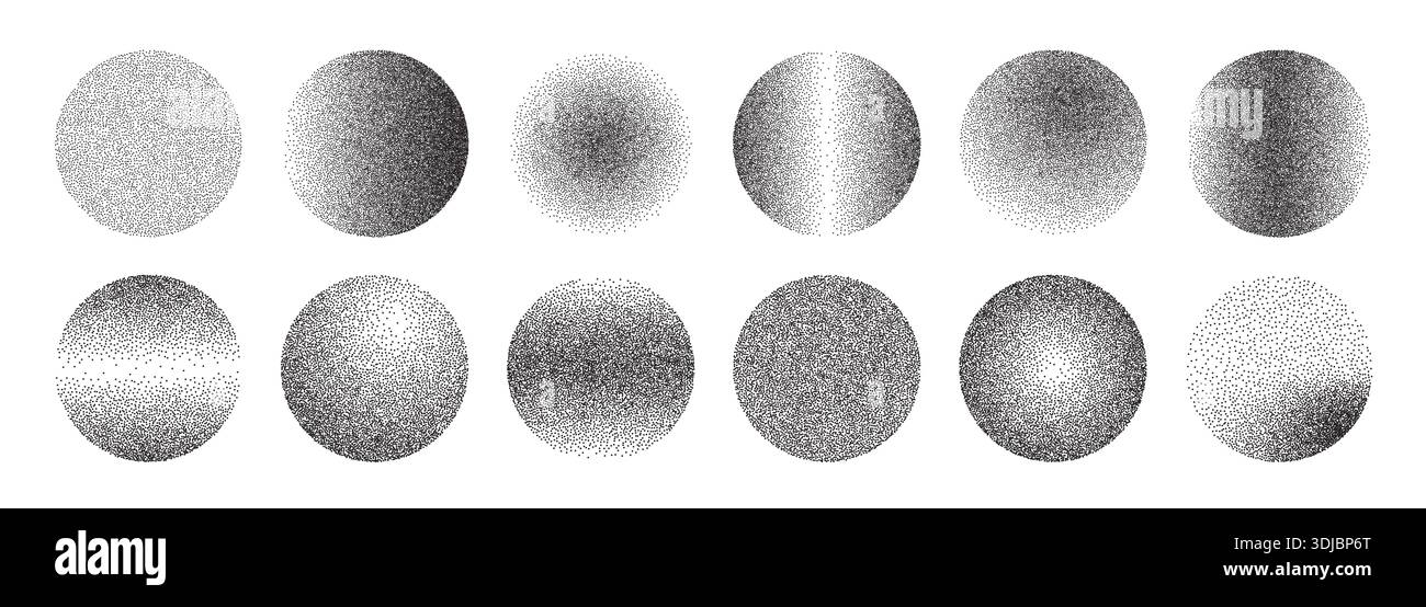 Grainy gradient sphere collection. Dotwork noise circle set Stock Vector